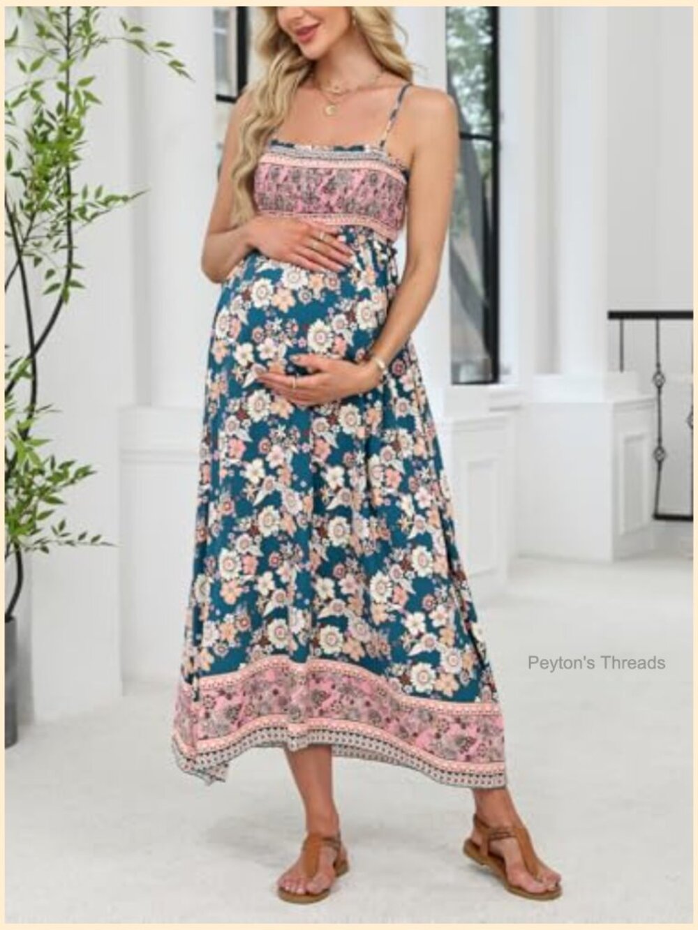 Maternity Maxi Dress Square Neck Smocked Ruched Flowy Pregnancy Baby Shower - Picture 2 of 7